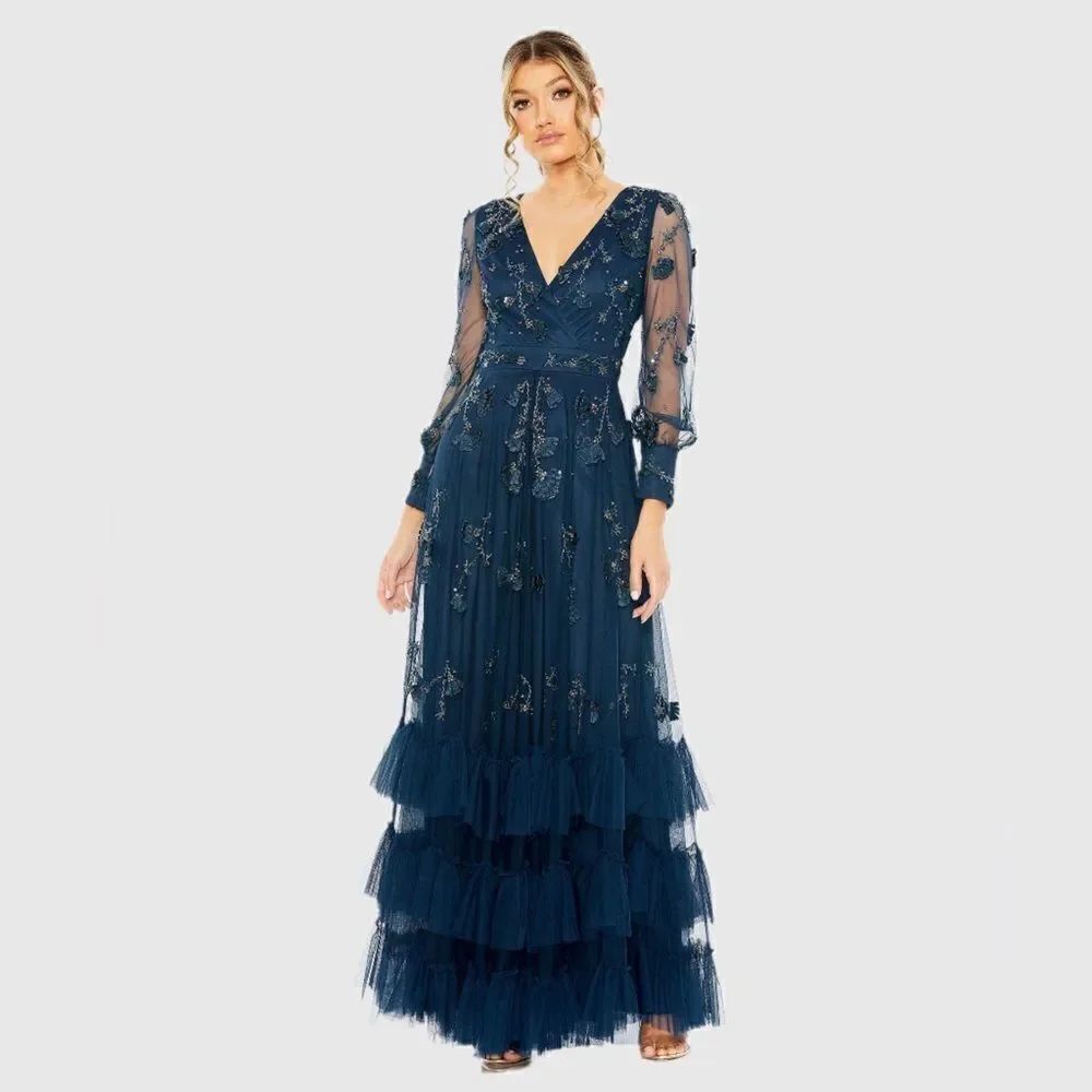 MAC DUGGAL Blue Size 12 Sequin Beaded Long Sleeve Faux Wrap Ruffle Hem Gown